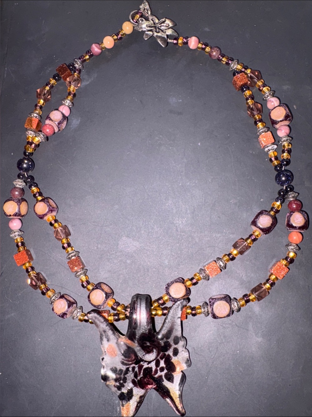 Handmade Multicolor Glass Butterfly Pendant w Beaded Colors Multistrand necklace